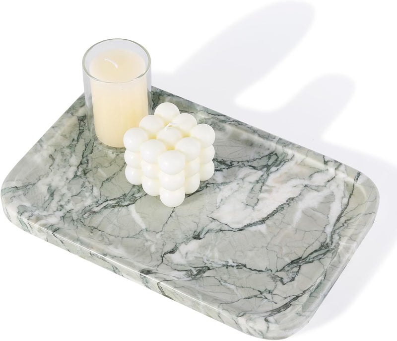 karibiber Vanity Tray, Marble Bathroom Tray Countertop, Decorative Dresser Organizer, Green Stone for Perfume Jewelry Holder Storage for Kitchen Sink(Light Green) - Image 1